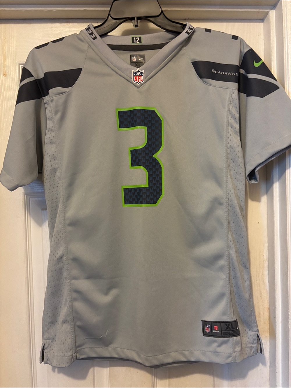 Nike Gray Seahawks #3 Football Jersey with Neon Green Accents Russell Wilson. XL